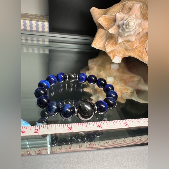 DARK BLUE TIGERS EYE + HEMATITE NATURAL STONES BRACELET size 7” - Picture 8 of 11